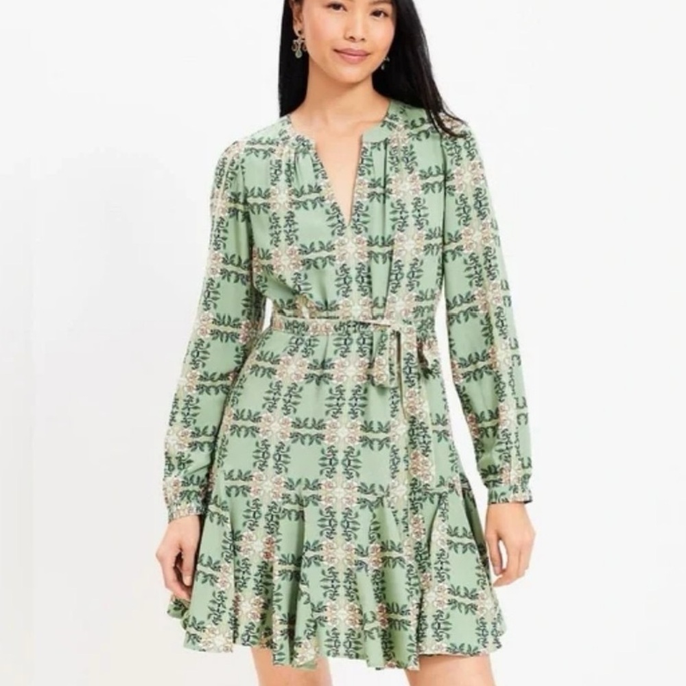 Loft Green and Pink Floral Tiled Vine Godet Dress, NWOT, Size L